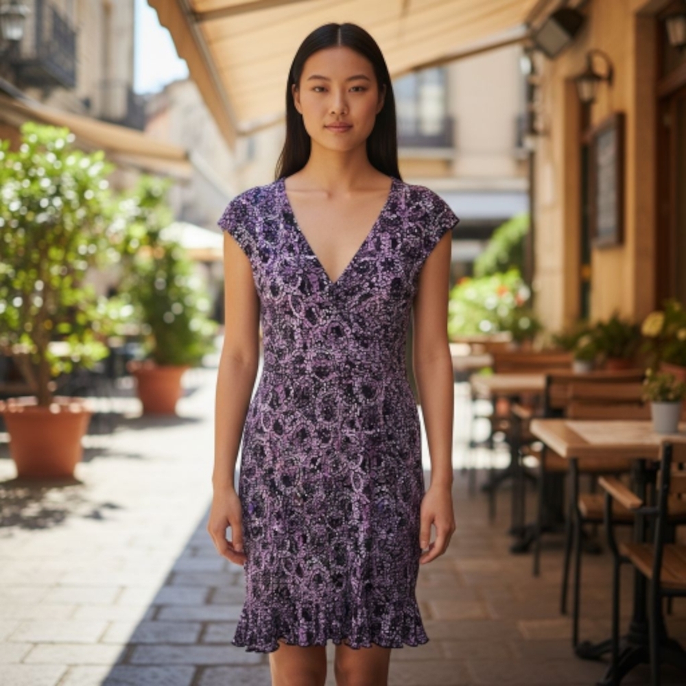 EUC GLAMOUR Sz.12 Purple/White‎ Midi Length Abstract Circles Print Dress